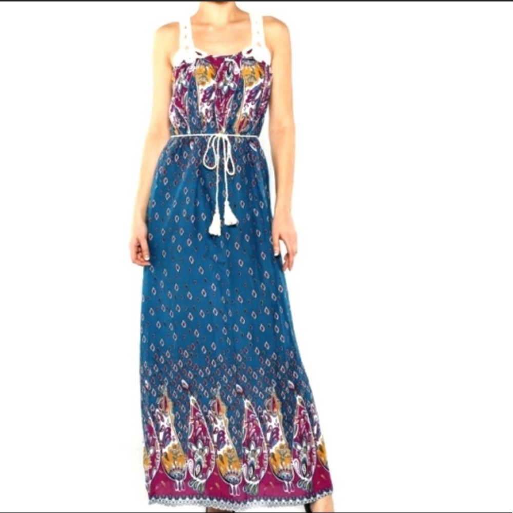 Flying Tomato Blue Paisley Crochet Racerback Boho Maxi Dress L